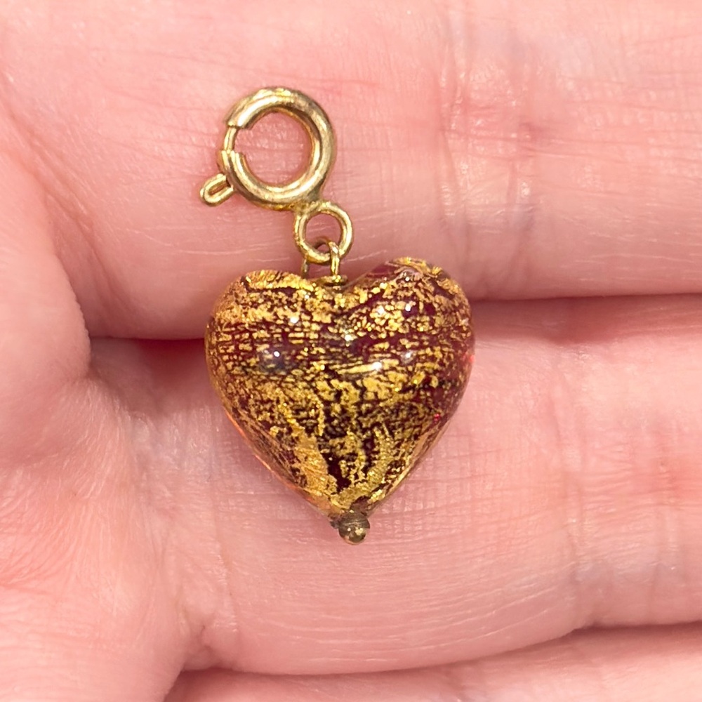 14K Murano Glass Heart Charm, Yellow Gold Pendant, Dainty Petite, Red Gold Bead